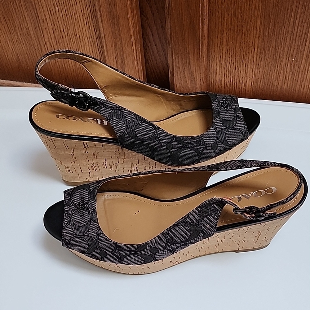 Coach Black and Tan Wedge Sandals